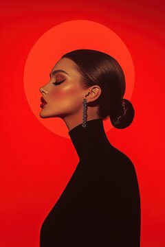 Elegant woman in profile with sleek hairstyle and bold makeup against vibrant red background, modern fashion and beauty concept