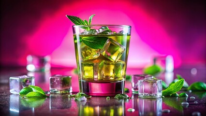 Iced Green Tea on Pink Background - Miniature Tilt-Shift Photography