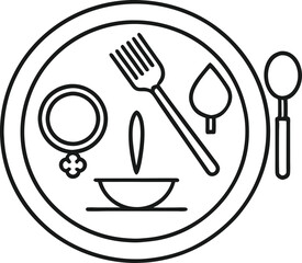 Simple Line Art Illustration of a Plate with Fork, Spoon, and Bowl