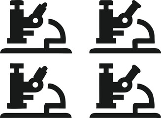 Four simple, black and white icons of microscopes, suitable for use in educational materials, scientific presentations, or websites related to biology, medicine, or research.