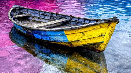 Vibrant Yellow Boat on Calm Water Surrounded by Beautiful Pink and Blue Reflections