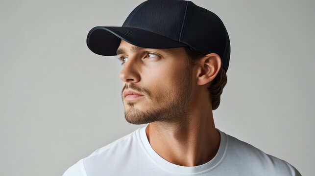 A sleek baseball cap, its brim turned slightly to the side, sits atop a man is head, framed by a clean, white t-shirt. His gaze is directed to the right, creating an air of contemplation or