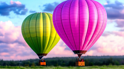Fototapeta premium Colorful hot air balloons in vibrant colors float gracefully over a picturesque landscape during a serene sunset sky