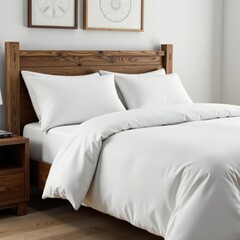 Crisp white sheets, plump pillows on rustic wooden bed frame, light, wood