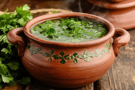 Steaming Green Herb Soup in Rustic Terracotta Pot