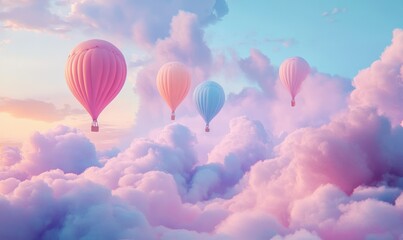 Obraz premium Vibrant balloons in shades of pink and blue floating gently above a soft cloudscape, pastel tones enhancing the dreamy feel,