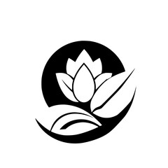 Symbol of purity, lotus flower and leaves, a black and white image
