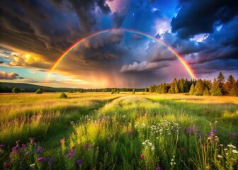 Naklejka premium Dramatic thunderstorm sky explodes over a lush green meadow, bokeh blurring the vibrant scene.