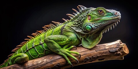 Fototapeta premium Iguana Perched on Tree Branch, Black Background - Stock Photo