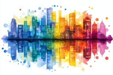 Fototapeta premium A vibrant watercolor painting captures the essence of an urban cityscape, showcasing a lively skyline and the metropolitan area through an artistic and creative aerial perspective