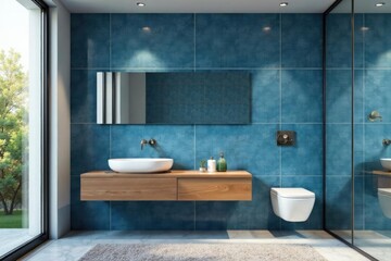 Sleek blue tile, floating vanity, modern fixtures, blue bathroom decor, minimalist