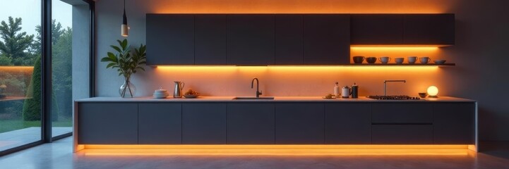 Sleek minimalist kitchen, integrated LED lighting, backsplash, kitchen remodel