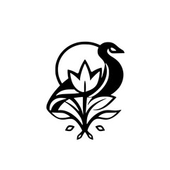 Swan and Bloom: Black and white illustration of a stylized swan beside a flower, and a circle behind it.