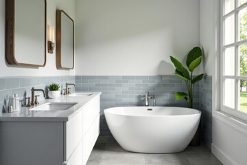 Sleek white vanity, gray subway tile backsplash, luxury, marble, stylish