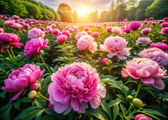 Obraz premium Drone captures breathtaking pink peony blooms in a lush spring garden, a vibrant overhead view.