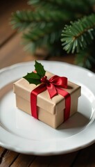 Obraz premium Small red ribboned gift, holly sprig on white plate, seasonal, christmas
