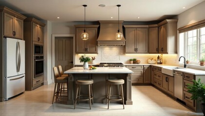 Fototapeta premium Spacious kitchen, granite counters, island, ample cabinetry, design, luxury, family