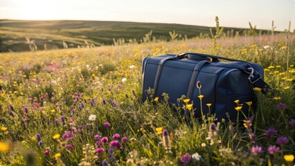 A travel bag emerging from a blooming field of wildflowers