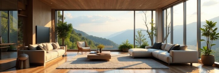 Spacious living room, abundant windows, panoramic view, cityscape, glass, natural light