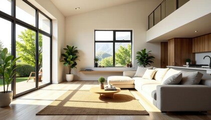 Fototapeta premium Spacious open-plan apartment bathed in sunlight, kitchen, white, interior