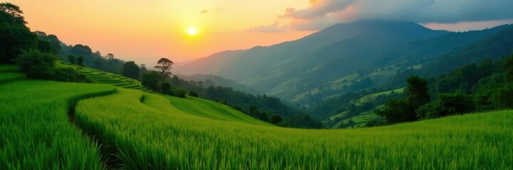 Fototapeta premium Lush green paddy fields and hills around Mount Penanggungan at dawn, sunrise, dawn, lush