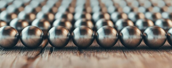 industrial machinery and machinery parts mechanized. Metallic spheres arranged in a linear pattern on a wooden surface.