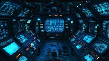 Obraz premium Futuristic Control Room with High-Tech Displays and Ambient Lighting