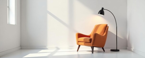 Velvet armchair, arc lamp, bright white setting, lamp, arc lamp design, modern lighting