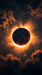 Obraz premium Dramatic solar eclipse with fiery corona and dark clouds creating a celestial spectacle of light and shadow in a vertical composition