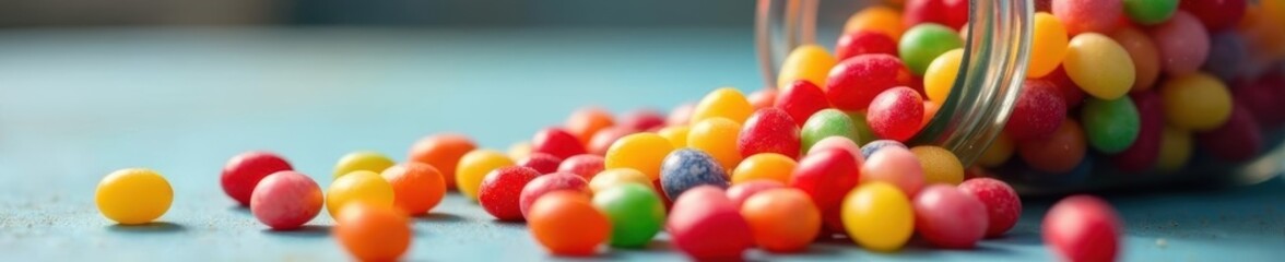 Vibrant jelly beans, gumdrops, and hard candies spill from a jar , candy, jelly beans