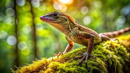 Fototapeta premium Inquisitive Brown Anole Lizard on Tree Branch in Rainforest Habitat