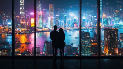 Couple admiring vibrant cityscape from skyscraper window at night, romantic urban skyline, modern love concept