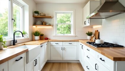 White shaker cabinets, farmhouse sink, butcher block , traditional, homely