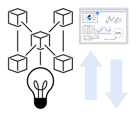 Cubes connected in a blockchain network, light bulb symbolizing innovation, analytics dashboard, and arrows indicating growth and decline. Ideal for technology, innovation, business, data flow
