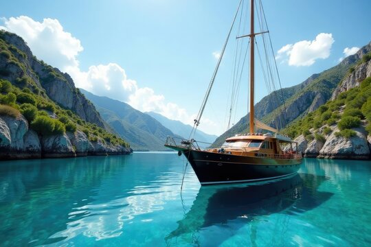 Luxury yacht anchored in a secluded Mediterranean lagoon, luxury, ship, gulet