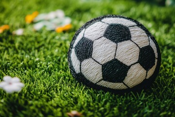 Fototapeta premium Soccer ball resting on vibrant green grass with scattered petals creating a playful and natural scene capturing the essence of outdoor sport and recreation