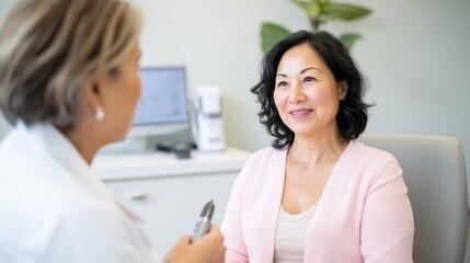 Dermatologist Discussing Skin Rejuvenation Treatment Benefits with Patient in Cozy Modern Consultation Room