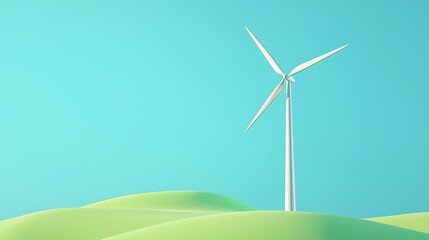 Fototapeta premium Minimalist wind turbine on green hills under a blue sky