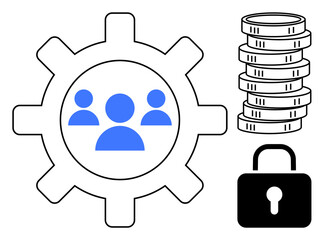 Gear with people icons symbolizes teamwork locked padlock and coin stack emphasize secure finance and protection. Ideal for business, security, finance, HR, teamwork, innovation, flat simple metaphor