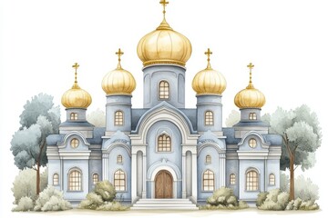 Obraz premium A majestic watercolor mosque, depicted with artistic beauty and serene ambiance, viewed from an aesthetic perspective, isolated on a white background