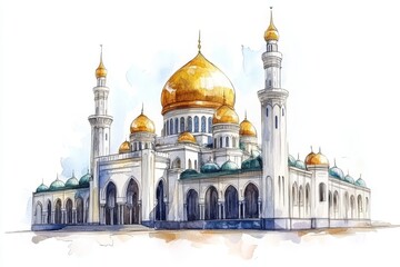 Obraz premium An aesthetic portrayal of a serene and majestic mosque, featuring architectural beauty in a watercolor style, isolated on a white background