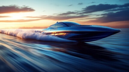 Obraz premium A high-speed motorboat racing toward the open sea, its wake trailing behind 
