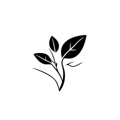 Black Ink Silhouette of a Plant's Branch, Leaves on White Background, Minimalism, Isolated, Nature Concept.
