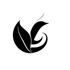 Black, stylized leaf logo composed of two leaves, one large, one curved with an upward arc, and a flowing swirl in a minimalist design.