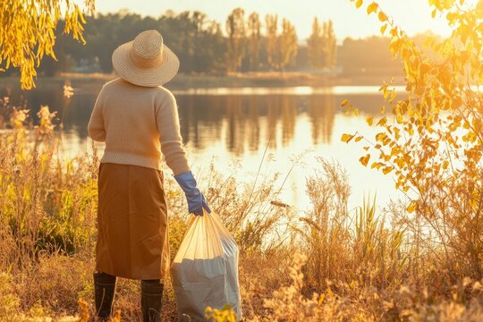 Female Volunteer Picks up Litter by the Lakeside During a Sunny Autumn Day, Promoting Environmental Awareness and Community Service - Powered by Adobe