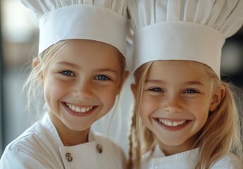 Two young girls, wearing white shirts and yellow aprons, smile while donning yellow chef hats