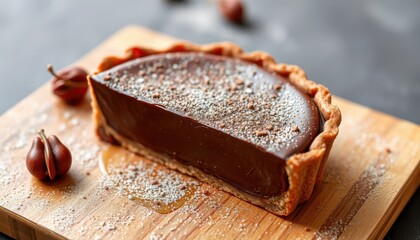 Delicious chocolate tart dessert cozy kitchen food photography rustic ambiance close-up culinary delight
