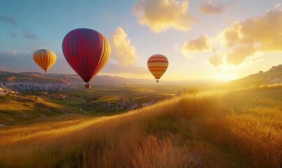 Naklejka premium Vibrant hot air balloons floating over a serene countryside at sunrise, with soft golden light illuminating the scene. Bold tones evoke wonder,