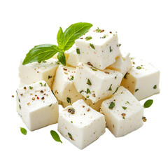 Greek Feta Cubes with Herbs and Spices Isolated on White Background, Savory and Flavorful
