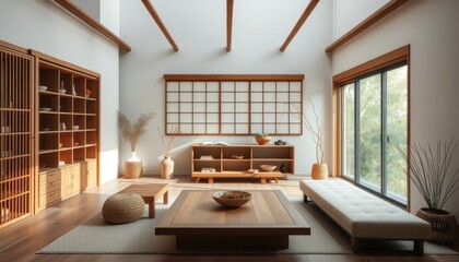 Serene minimalist living room design modern home interior photography bright environment wide angle view tranquility concept